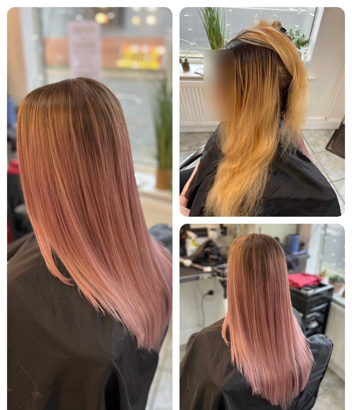 Colaj înainte și după: păr lung blond transformat în roz pastel